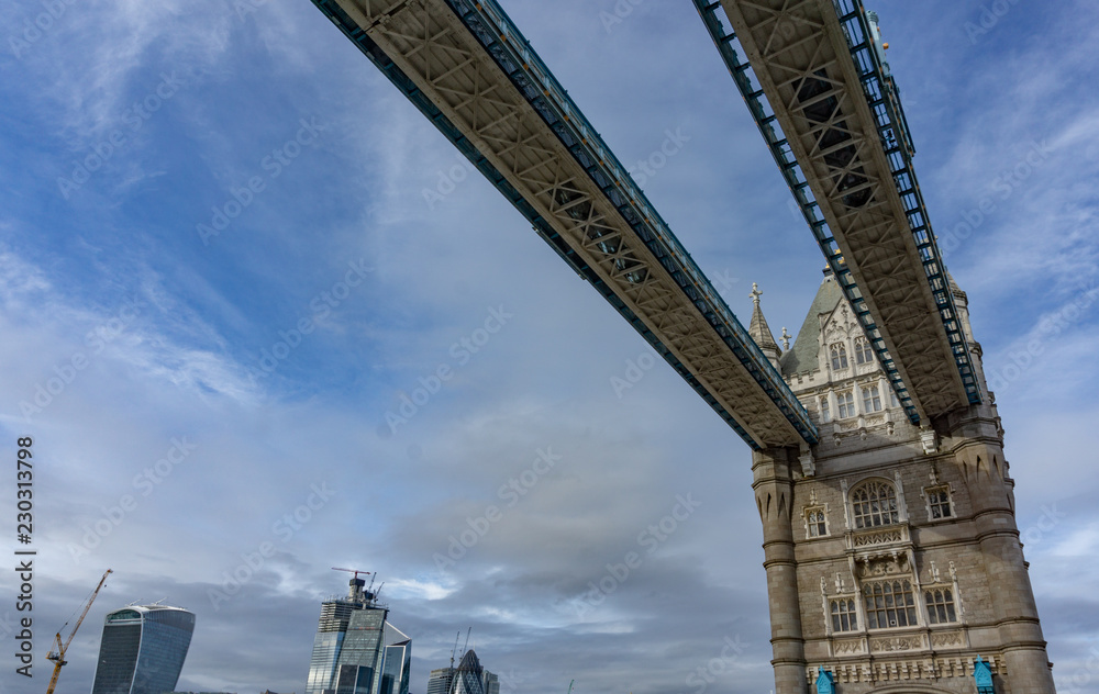 Details of Tower Bridge on Thames river in London, UK