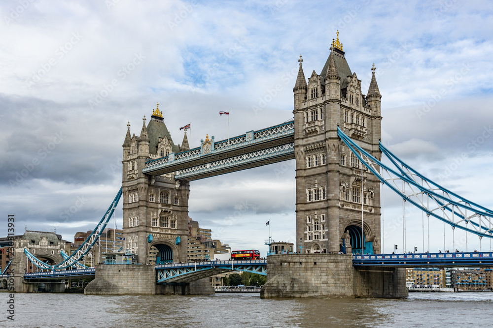 Tower Bridge on Thames river looking in London, England, UK