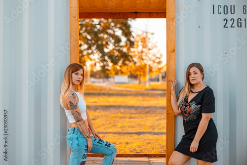 Fototapeta Naklejka Na Ścianę i Meble -  Girls posing at the container
