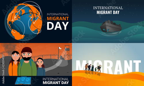 Migrant banner set. Cartoon illustration of migrant vector banner set for web design