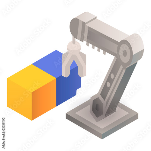 Robot arm take cube icon. Isometric of robot arm take cube vector icon for web design isolated on white background