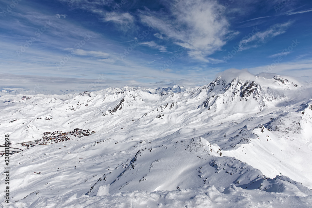 Val Thorens, France - March 10, 2018: Val Thorens is located in the commune of Saint-Martin-de-Belleville in the Savoie département