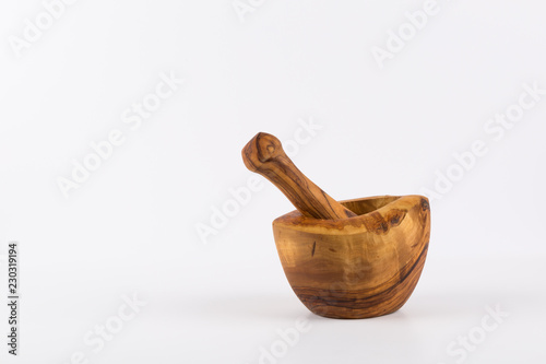 Mortar & Pestle, Wooden handmade mortar and pestle isolated on White background.