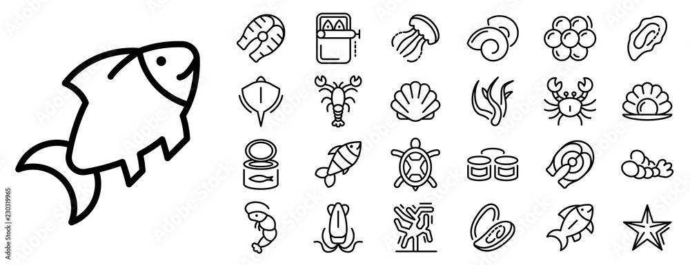 Seafood icon set. Outline set of seafood vector icons for web design isolated on white background