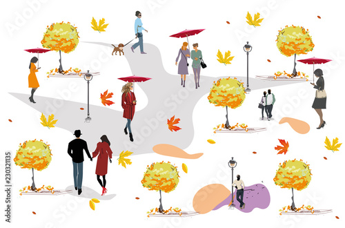 Set of people having rest in the park.  Leisure outdoor activities   skateboard  roller-skates  riding a scooter and bicycle. Colorful vector illustration.  
