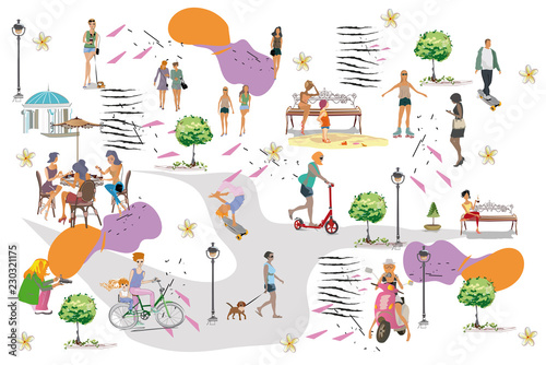 Set of people having rest in the park.  Leisure outdoor activities   skateboard  roller-skates  riding a scooter and bicycle. Colorful vector illustration.  