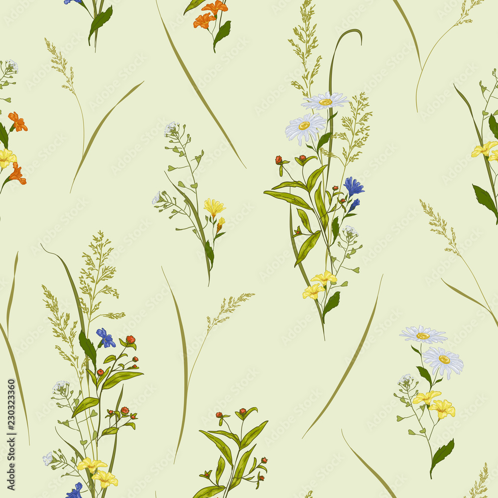 Seamless vector floral pattern with outline meadow flowers hand-drawn in sketch style in natural colors on light background