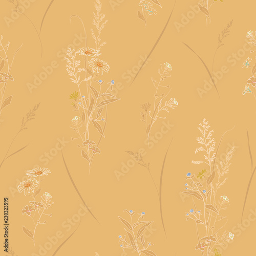 Seamless vector floral pattern with outline meadow flowers hand-drawn in sketch style in pastel colors on sepia toned background