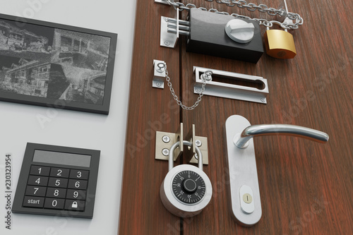 Safety and security concept. Door with many locks. 3D rendered illustration.