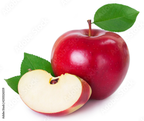 Fresh red apple with leaf on white background