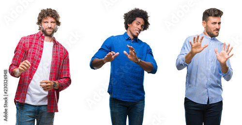 Collage of group of african american and hispanic men over isolated background disgusted expression, displeased and fearful doing disgust face because aversion reaction. With hands raised