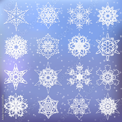 Christmas snowflakes on blurred background. 