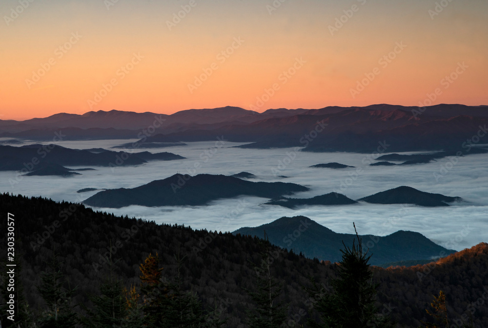 Foggy sunrise over the Great Smoky Mountains National Park.