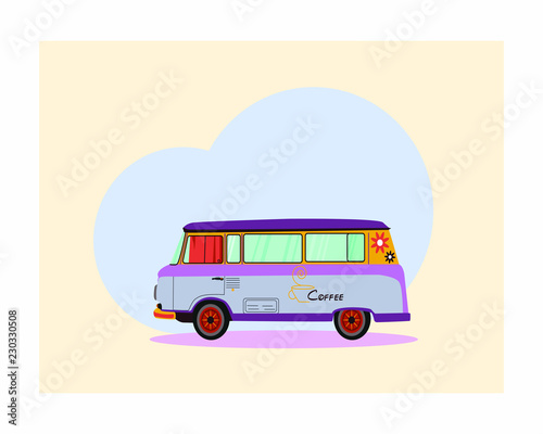 Vector cartoon retro car.  Fun coffee car. 