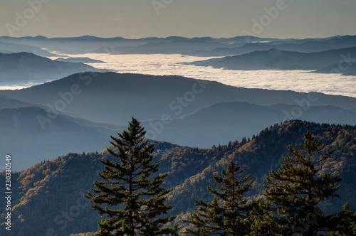 Fototapeta Naklejka Na Ścianę i Meble -  Foggy sunrise over the Great Smoky Mountains National Park.