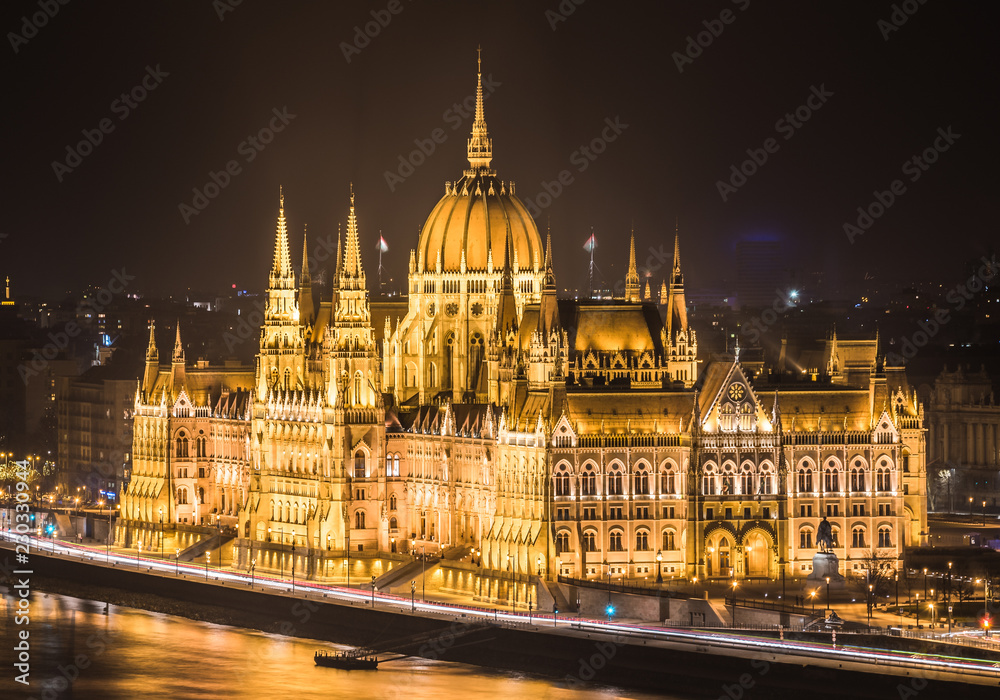 Illuminated Hungarian Parliament Building in Budapest, Hungary at Night