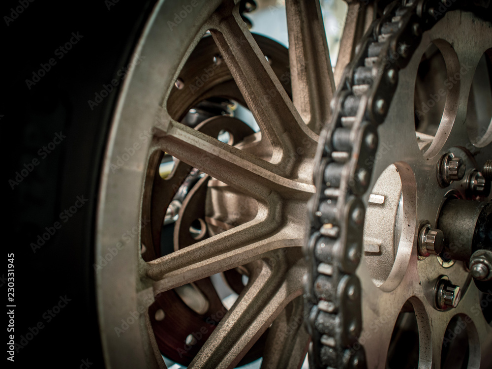 Closeup of Motorcycle Wheels and Spokes Closeup of Motorcycle Wheels and Spokes
