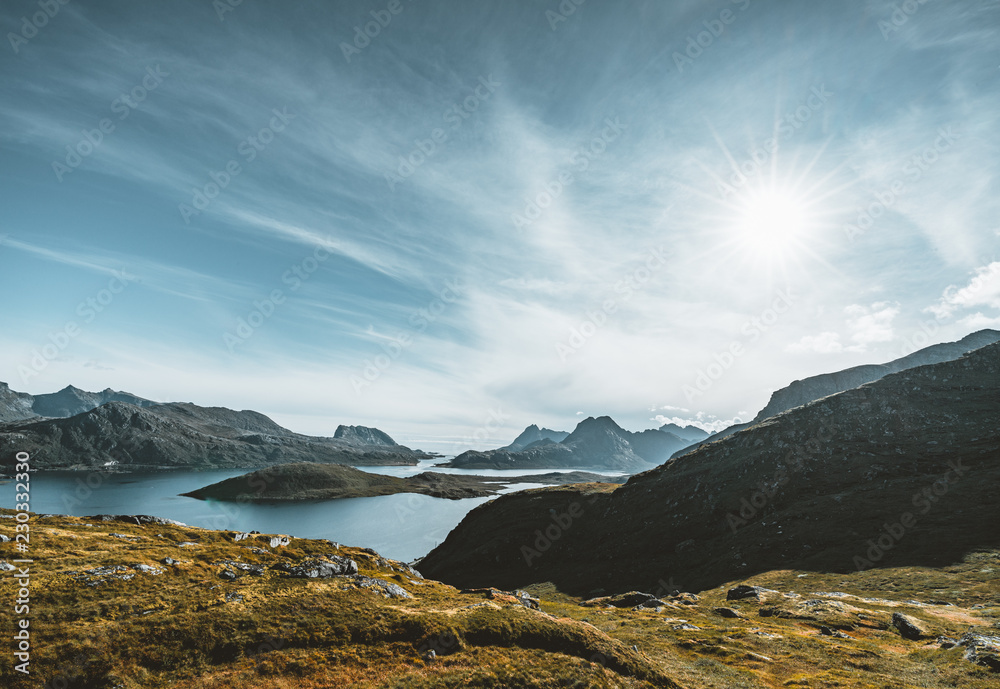 Wunschmotiv: View to Kvalvika beach from mount Ryten in Lofoten Islands Norway on a blue ans sunny d