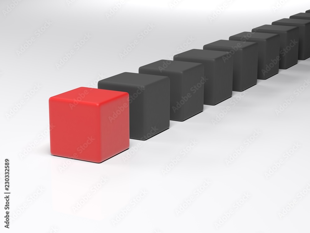 Abstract - Line of black cubes with a red one at first position - 3D rendering