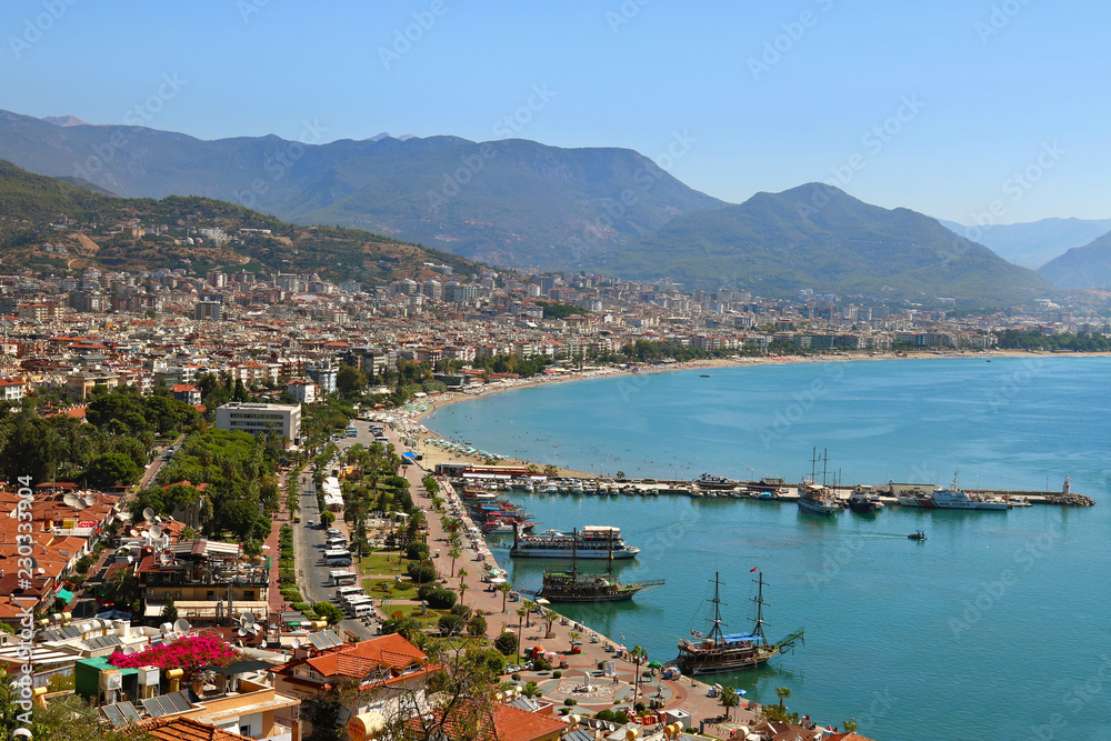 Red Tower and Marina view from Alanya Castle in Antalya, Turkey.
