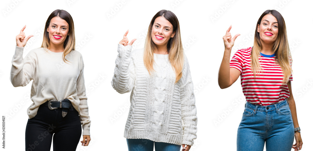Collage of young beautiful woman over isolated background smiling and confident gesturing with hand doing size sign with fingers while looking and the camera. Measure concept.