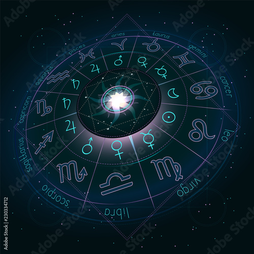 Illustration with Horoscope circle, Zodiac symbols and pictograms astrology planets on the starry night sky background with geometry pattern. Image in perspective. Pink and turquoise elements. Vector.