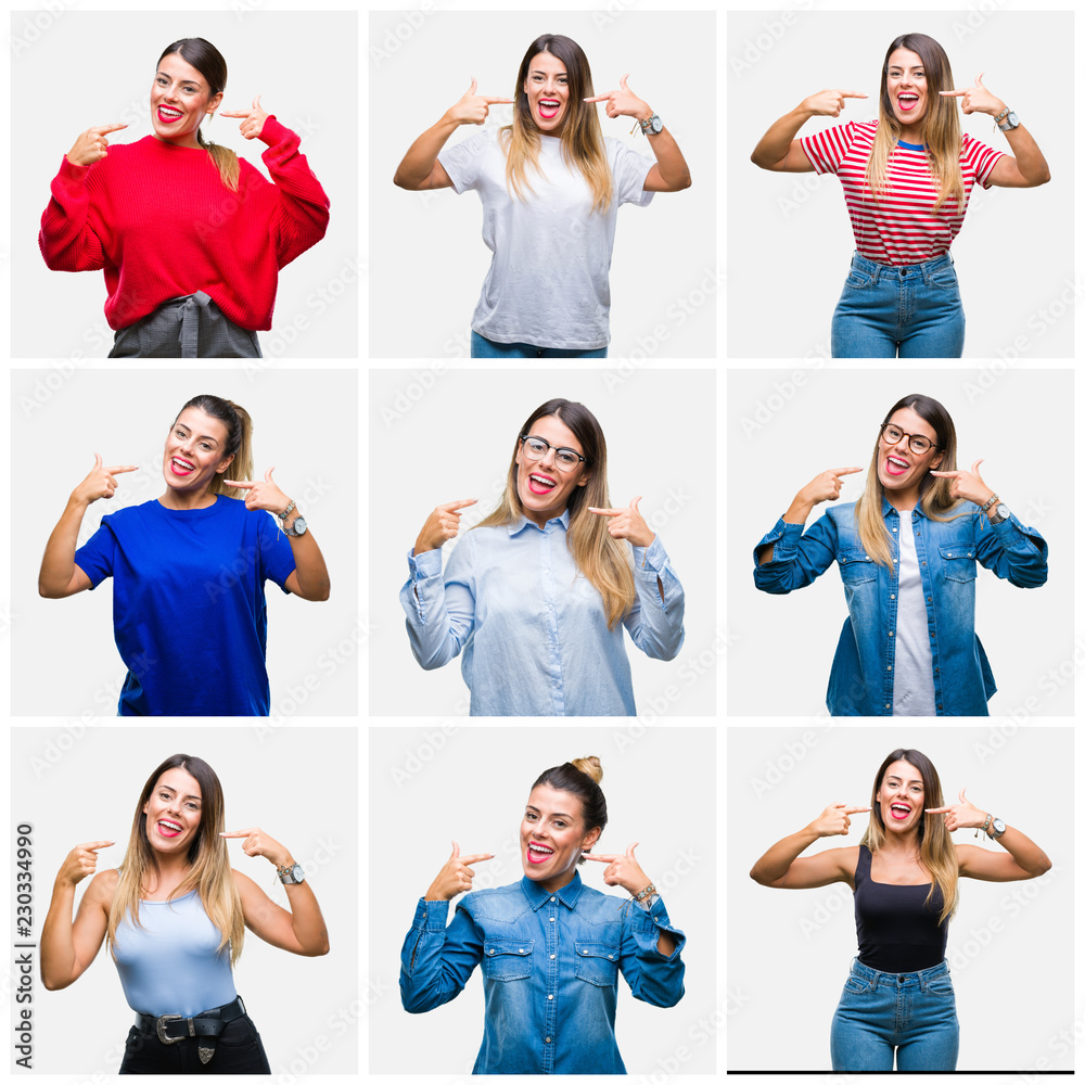 Obraz premium Collage of young beautiful woman over isolated background smiling confident showing and pointing with fingers teeth and mouth. Health concept.