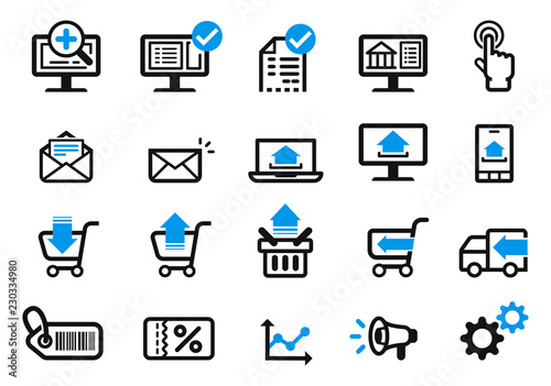 Shopping online easy delivery by technology at home (icon concept).