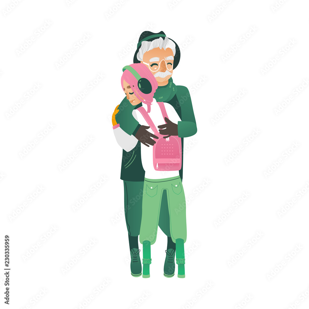 Vector cartoon elderly man, father or grandfather at outdoor warm clothing hugging young girl, woman in pink headphones. Happy family hugs concept. Male, female characters express care and love Vector cartoon elderly man, father or grandfather at outdoor warm clothing hugging young girl, woman in pink headphones. Happy family hugs concept. Male, female characters express care and love