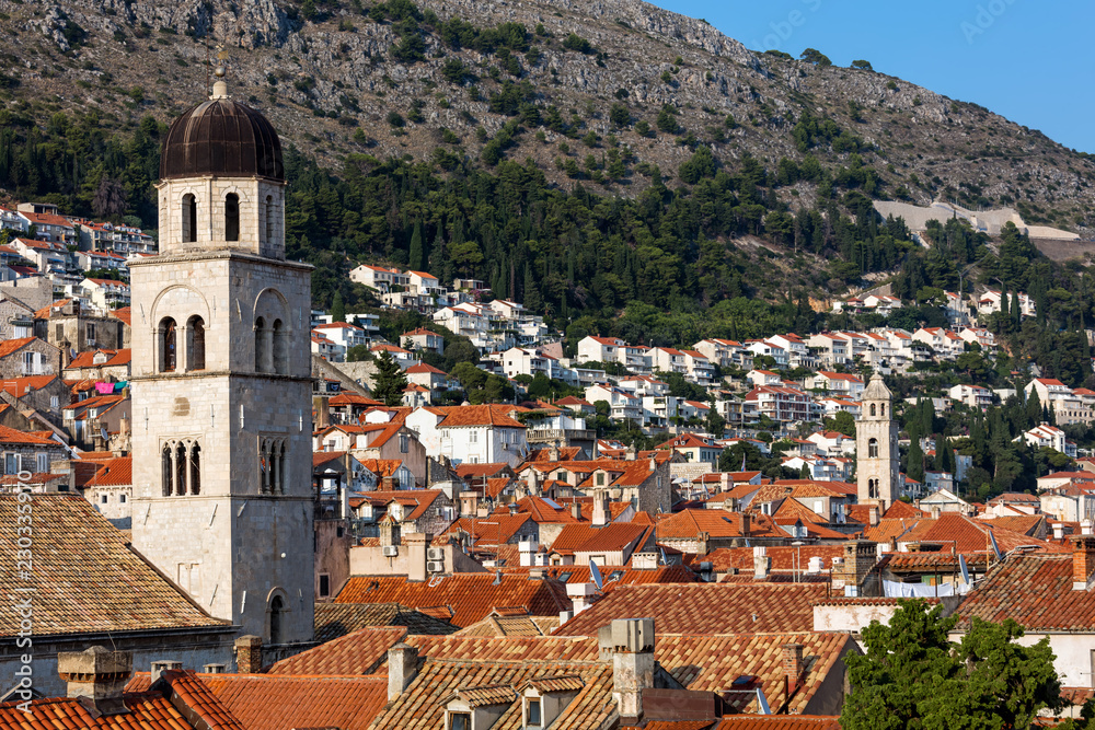 Bell tower of the Franciscan Church and Monastery in Dubrovnik, Croatia, originated in the 13th century, destroyed in the 1667 earthquake, rebuilt in the 17th century.