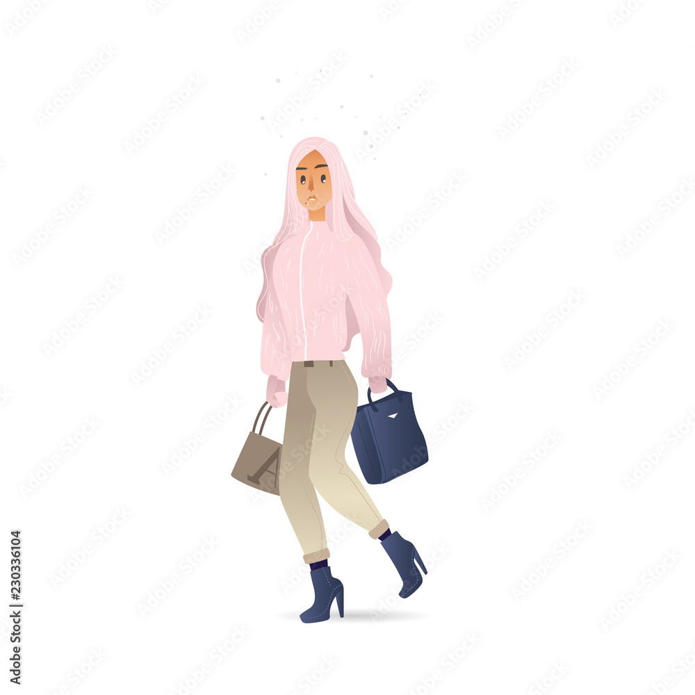 Vector sad cartoon young woman, teen girl with long blonde hair in warm winter or autumn clothing - jacket or coat walking with bags outdoors Female character with negative emotion