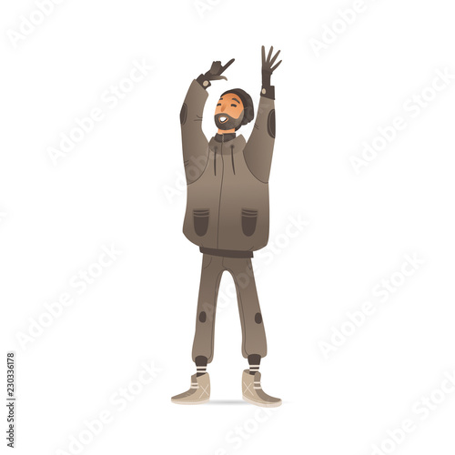 Vector cartoon cheerful young man in warm winter or autumn clothing - jacket or coat and boots having fun laughing raising hands up outdoors. Male character with positive emotions