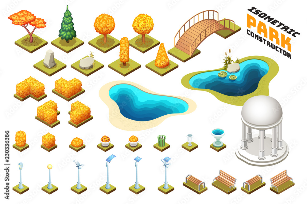 Isometric park constructor set. Isolated vector illustrations. Stock ...