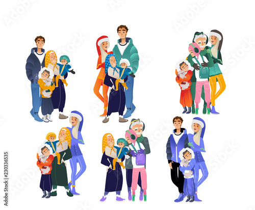 Vector cartoon big family hugging at winter outdoor clothing standing together set. Adult couple, senior parents, grandmother and grandfather, boy and girl teen kids, small baby happy characters