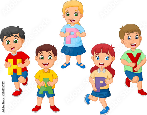 Cartoon kids holding letter with word HAPPY