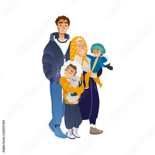 Vector illustration of winter family portrait with different generations in cartoon style - isolated grandmother, son and grandchildren with pet in warm clothes smiling and hugging.