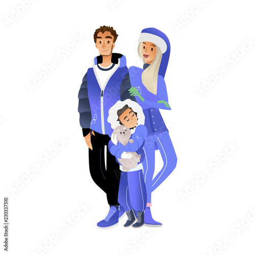 Vector cartoon family hugging at winter outdoor clothing standing together. Adult couple young mother and father near teen boy holding cute puppy in arms happy characters