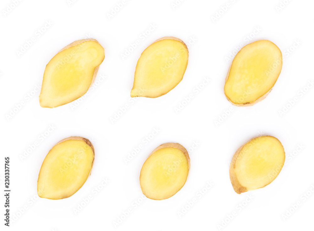 Set of fresh ginger root sliced on white background for herb and medical product concept Set of fresh ginger root sliced on white background for herb and medical product concept