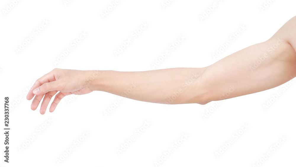 Man hands holding something on white background for product advertising concept