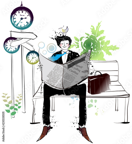 Businessman reading newspaper on bench