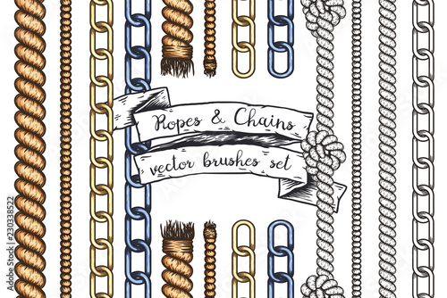Set of hand drawn editable brushes of ropes and chains.
