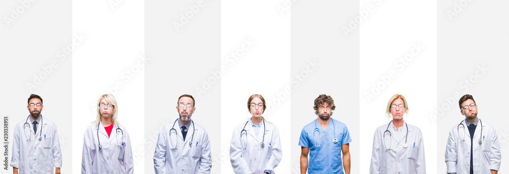 Fototapeta premium Collage of professional doctors over stripes isolated background puffing cheeks with funny face. Mouth inflated with air, crazy expression.