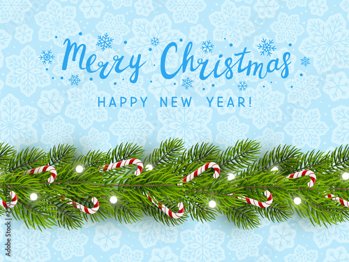 Greeting card with Christmas tree border on snowflake background