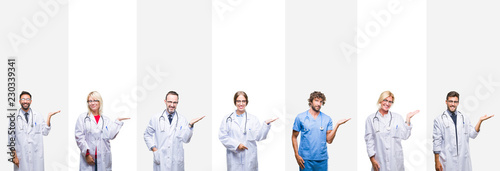 Collage of professional doctors over stripes isolated background smiling cheerful presenting and pointing with palm of hand looking at the camera.