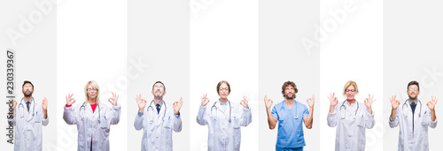 Collage of professional doctors over stripes isolated background relax and smiling with eyes closed doing meditation gesture with fingers. Yoga concept.