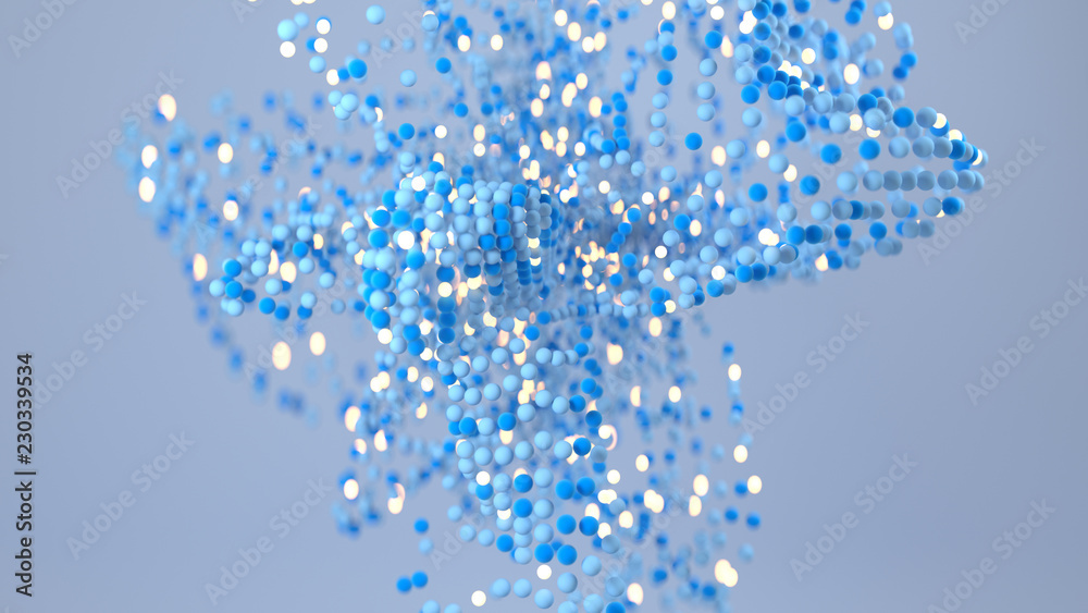Chaotic bundle of blue spheres 3D render