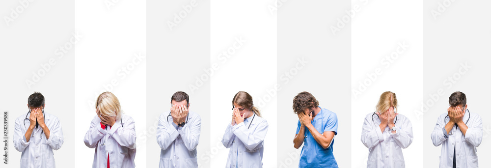 Fototapeta premium Collage of professional doctors over stripes isolated background with sad expression covering face with hands while crying. Depression concept.