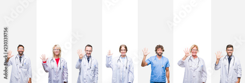 Collage of professional doctors over stripes isolated background showing and pointing up with fingers number five while smiling confident and happy.