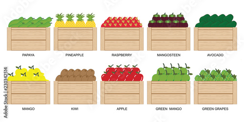 Fruits and berries in wooden box icons collection isolated on white2