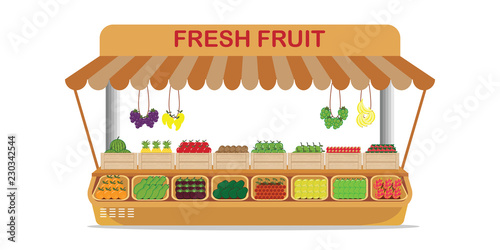 Local farm market fruit shop with fresh fruit in wooden box .